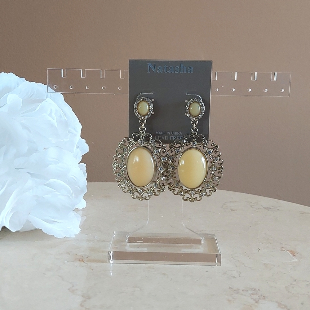 Natasha Cream Enamel Gold and Rhinestones Classic Style Post Back Earrings NWT